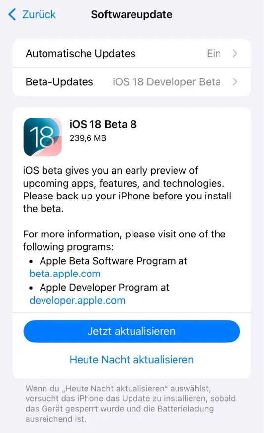 余杭苹果手机维修分享苹果 iOS / iPadOS 18 开发者预览版 Beta 8 发布 